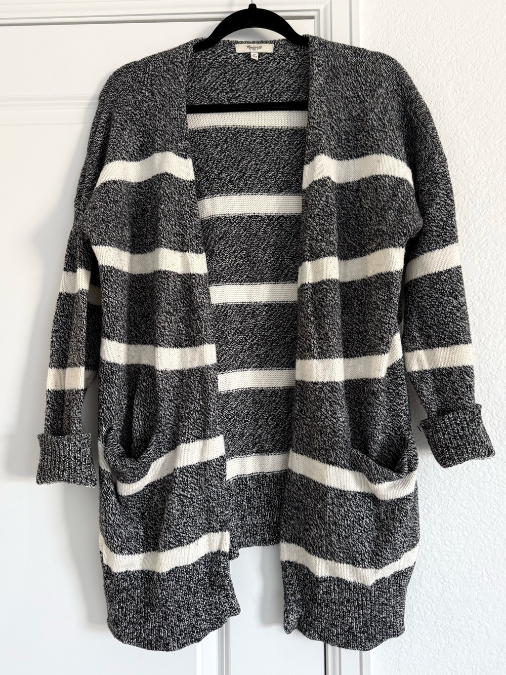 Madewell sweater knit striped cardigan, heathered black/grey/white Womens medium